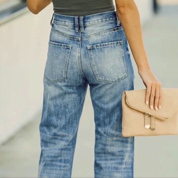 KanCan 90s High Rise Flare Leg Jeans Distressed Wide Leg Medium Wash Denim Y2K - Picture 3 of 12